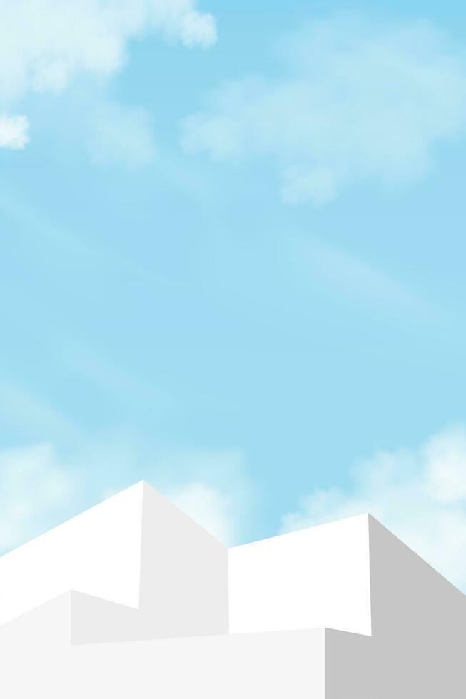 podio paso terminado cielo azul y nube fondo,plataforma verano bandera resumen monitor de blanco etapa escaparate maqueta,vector mínimo diseño 3d gris fondo para cosmético producto vector