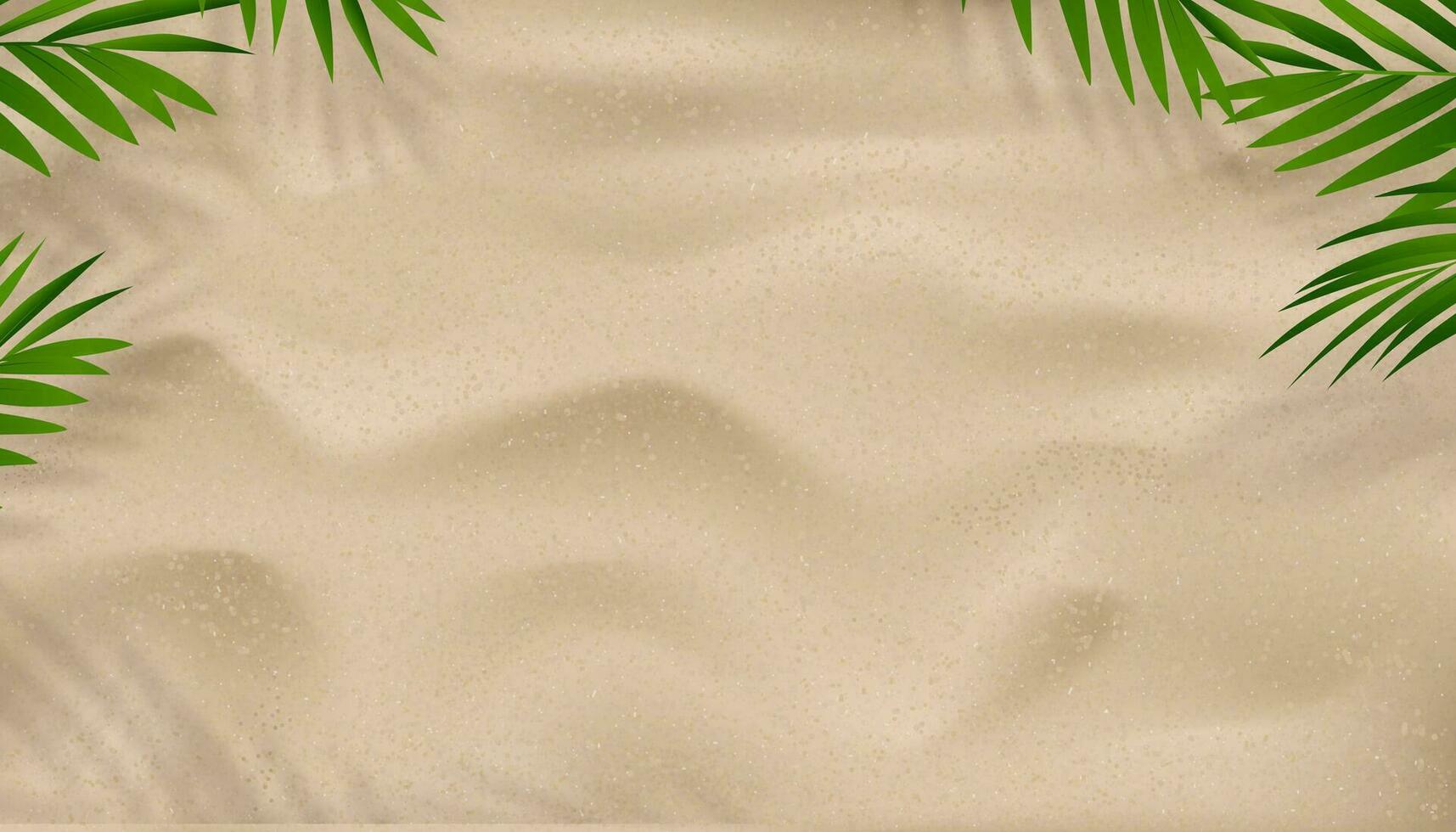 fondo de textura de arena con silueta de hojas de palma, sombra de hoja de coco en la playa de arena marrón, superficie de arena de vista superior vectorial, duna desértica de horizonte amplio de fondo para la presentación de productos de verano vector