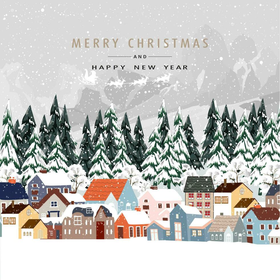 Christmas Background,Winter forest landscape in village,Fir Trees in Snowy day.Vector cartoon horizon coniferous forest with snow falling at night,Backdrop banner for Christmas,New Year 2024 vector