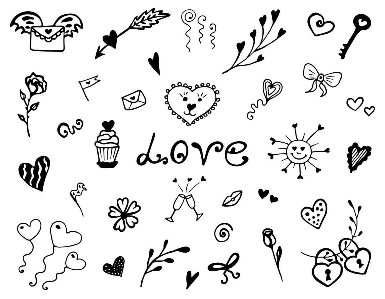 Set love hand drawn. Black line elements isolated on white background. Holidays, weddings, valentine's day, love. Suitable for print and web icons vector