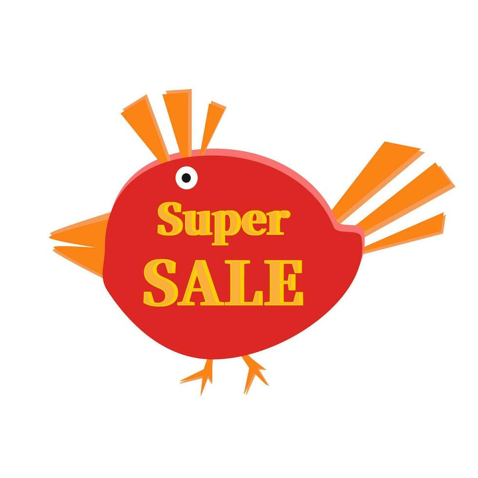 Super sale vector sign. Funny icon with a bird and an inscription. Bright orange and red color. Sales, marketing, stores