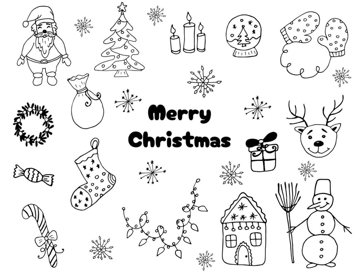 Christmas and New Year doodle set of black hand-drawn liner elements. Party, holiday, congratulations. Can be used for printing and web icons vector