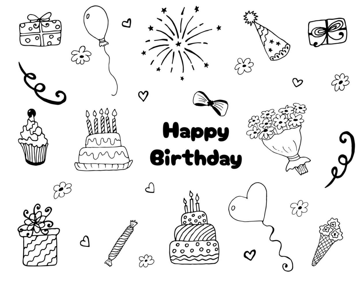 Birthday doodle set of black hand-drawn liner elements. Party, holiday, congratulations. Can be used for printing and web icons vector