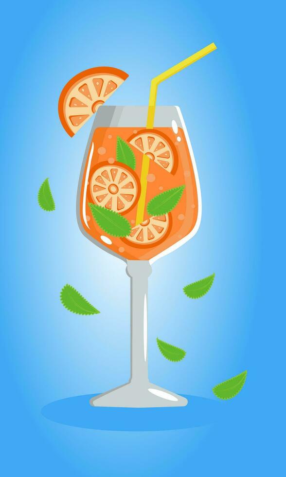 Summer citrus orange cocktail. Bright refreshing drink for parties. Glass goblet and slices of orange and mint leaves. Turquoise background vector