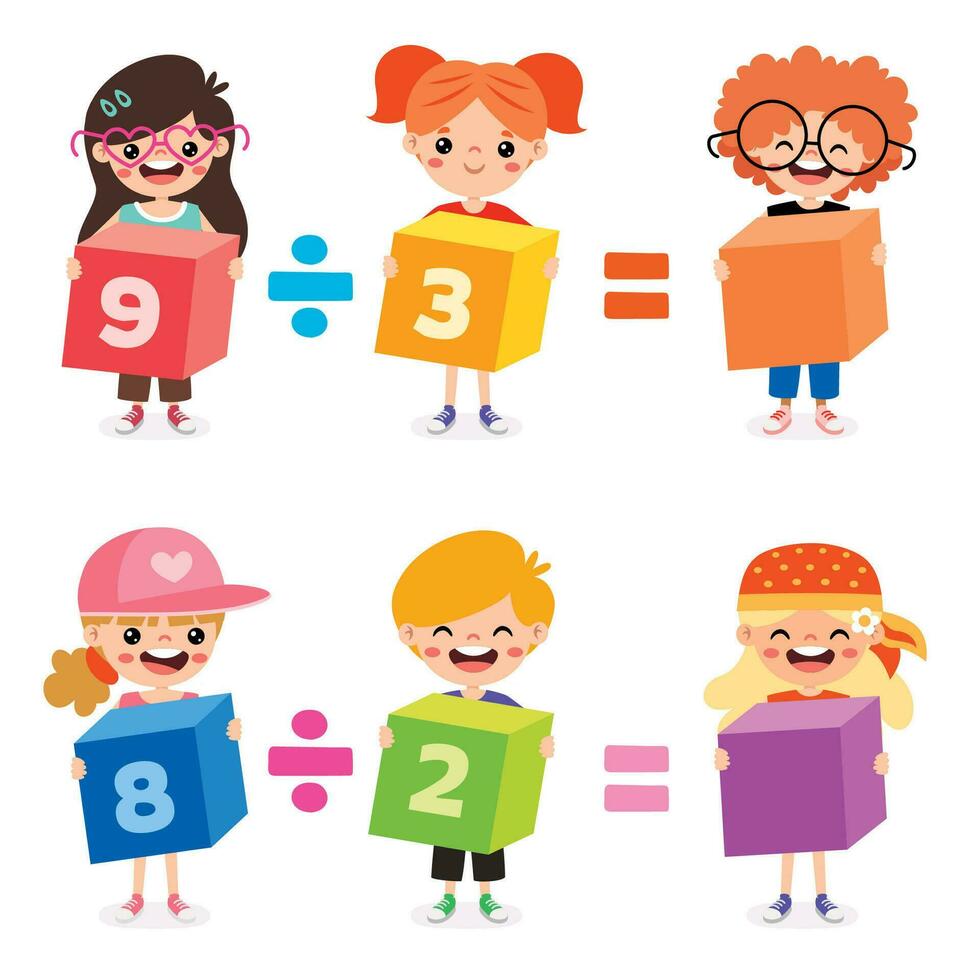 Mathematic Exercise With Kids Holding Cubes vector