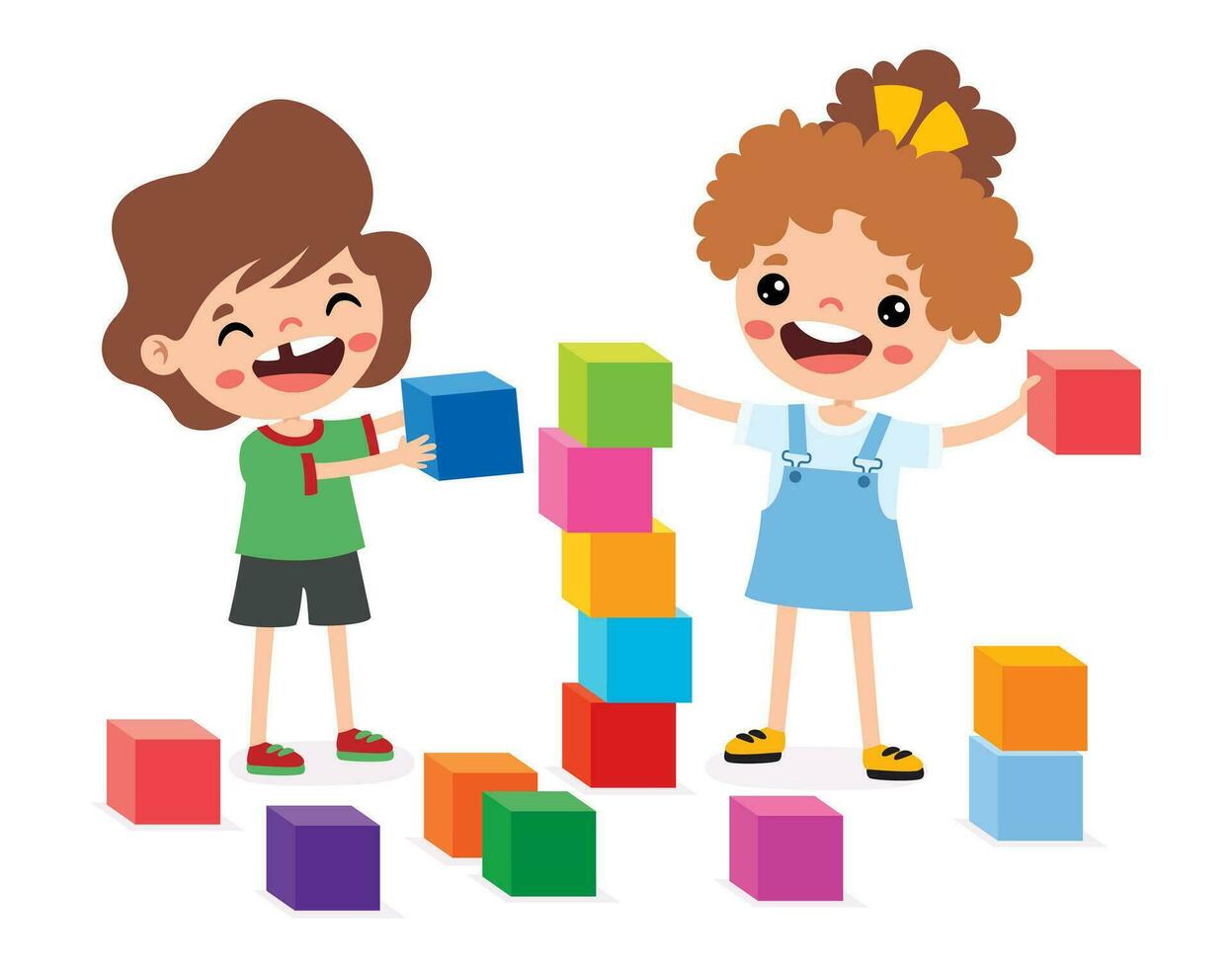 niños jugando con edificio bloques vector
