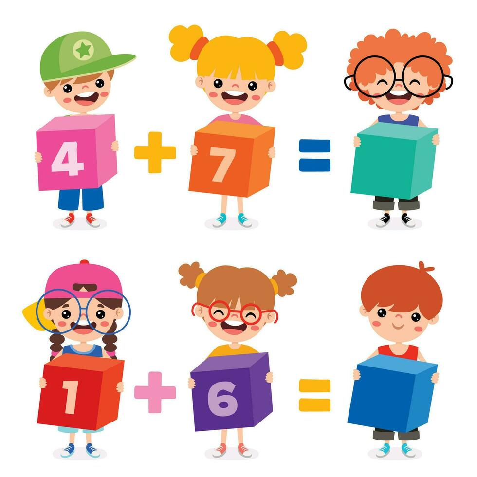 Mathematic Exercise With Kids Holding Cubes vector
