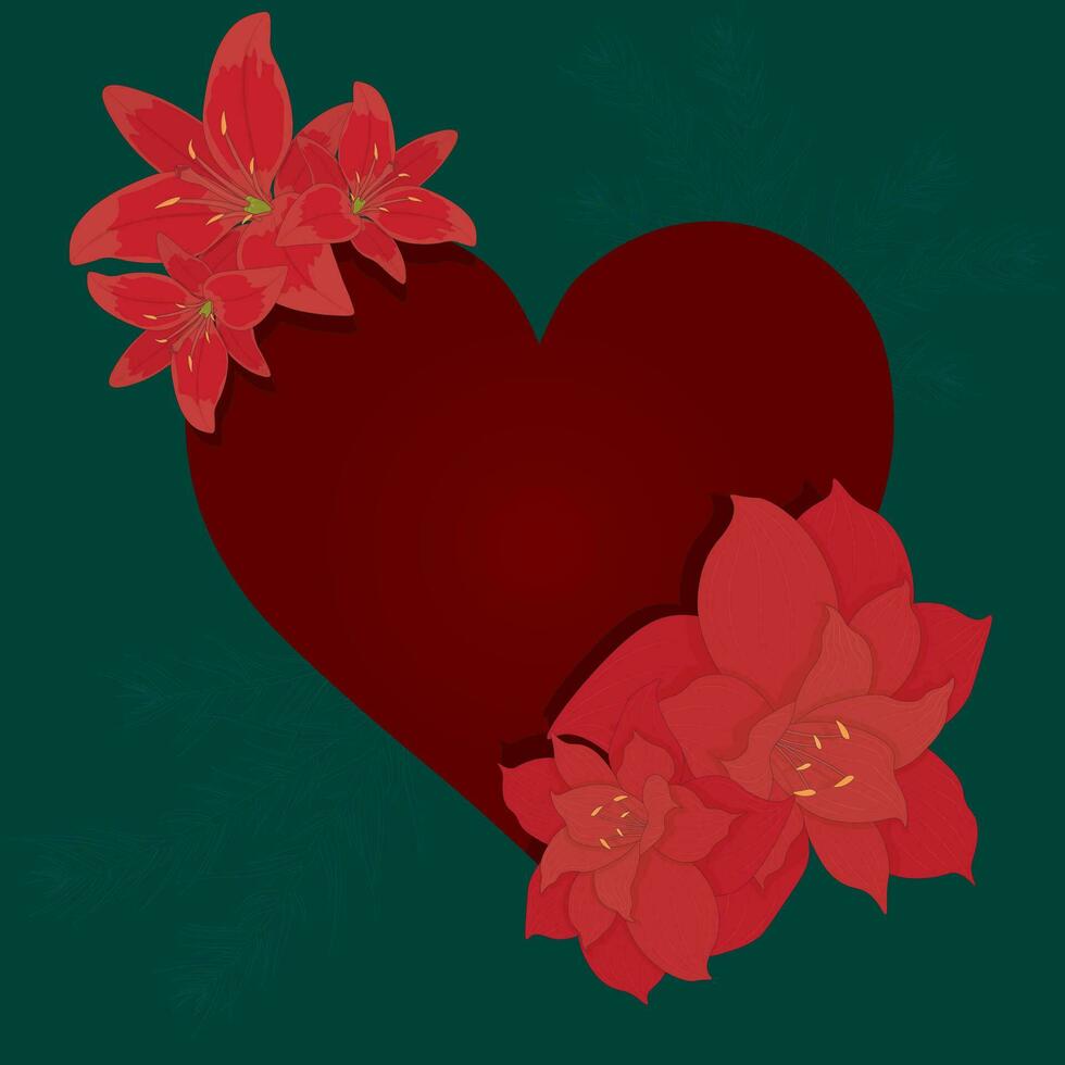 Big red heart surrounded with flowers on dark turquoise background vector illustration