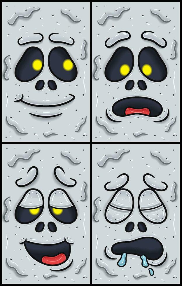 White Ghost Face Expression Character Cartoon. Hopeful, Disbelieving, High And  Sleepy Expression. Wallpaper, Cover, Label and Packaging Design Set. vector