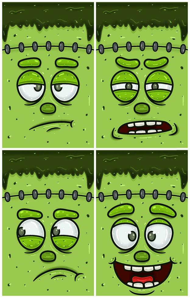 aburrido, sospechoso, celoso y contento expresión de verde zombi cara personaje dibujos animados. fondo de pantalla, cubrir, etiqueta y embalaje diseño colocar. vector