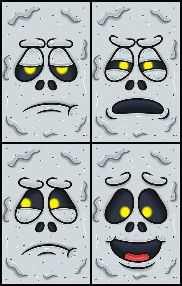 White Ghost Face Expression Character Cartoon. Bored, Suspecious, Jealous And Happy Expression.  Wallpaper, Cover, Label and Packaging Design Set. vector