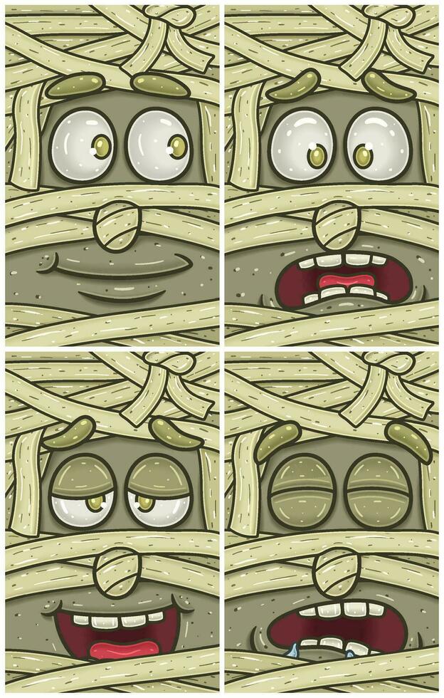 Mummy Face Expression Character Cartoon. Hopeful, Disbelieving, High And  Sleepy Expression. Wallpaper, Cover, Label and Packaging Design Set. vector
