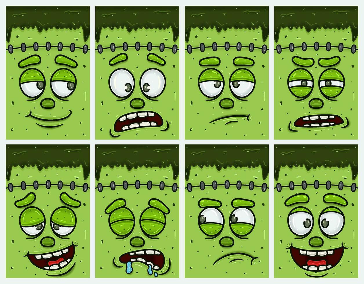 Green Zombie Cartoon Expression Set. Cover, Label and Packaging Design Set. vector