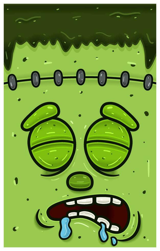 soñoliento expresión de verde zombi cara personaje dibujos animados. fondo de pantalla, cubrir, etiqueta y embalaje diseño. vector