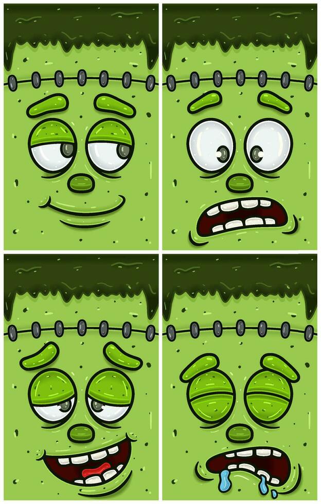 Hopeful, Disbelieving, High And  Sleepy Expression of Green Zombie Face Character Cartoon. Wallpaper, Cover, Label and Packaging Design Set. vector