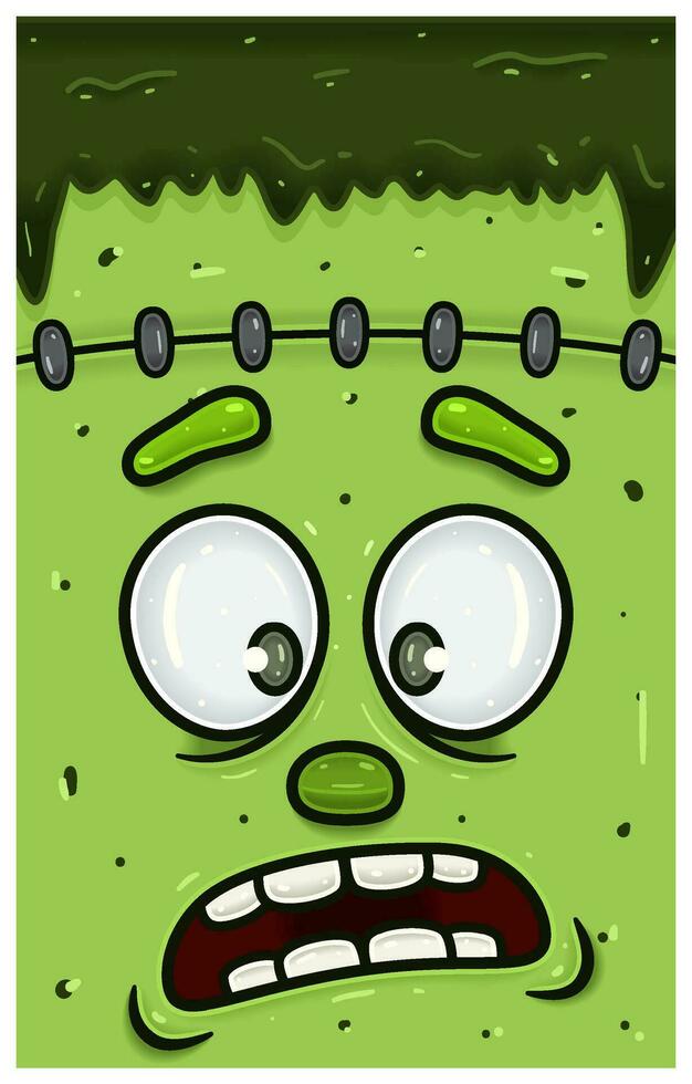 incrédulo expresión de verde zombi cara personaje dibujos animados. fondo de pantalla, cubrir, etiqueta y embalaje diseño. vector