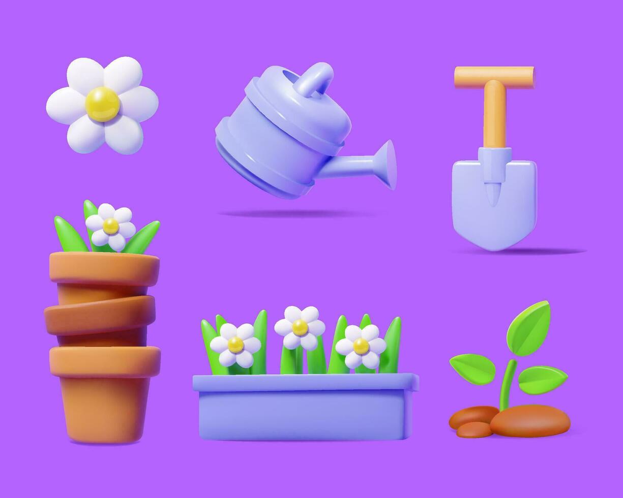 Set of 3D gardening-themed objects. Flower, pot of plants, shovel and sprout isolated on a purple background. vector