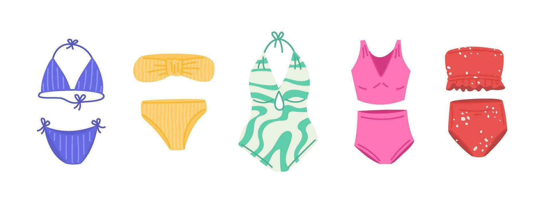 Collection of women s swimwear isolated on white background. vector