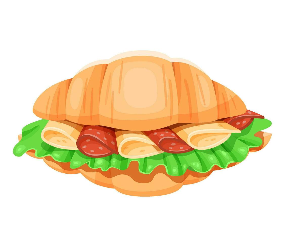 Croissant with sausage, cheese and lettuce. Isolated illustration on a white background. vector