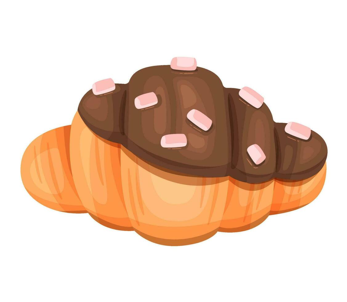 French croissant, poured with chocolate and decorated with marshmallow. vector