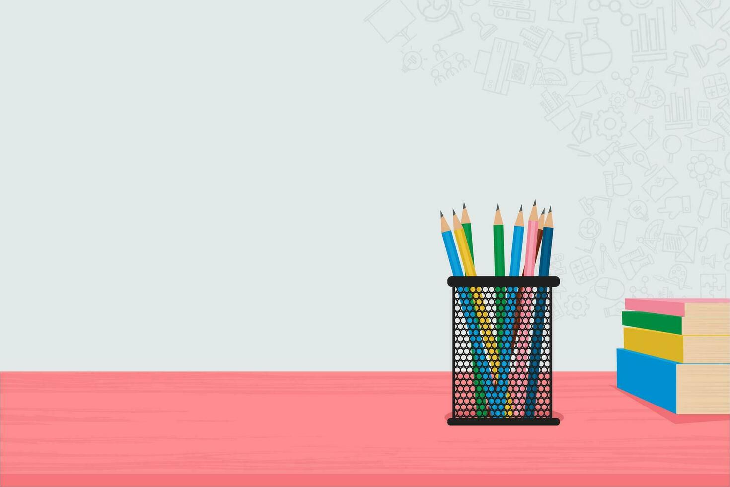 A stack of books and pen stand with pens and pencils against a white chalkboard with copy space vector