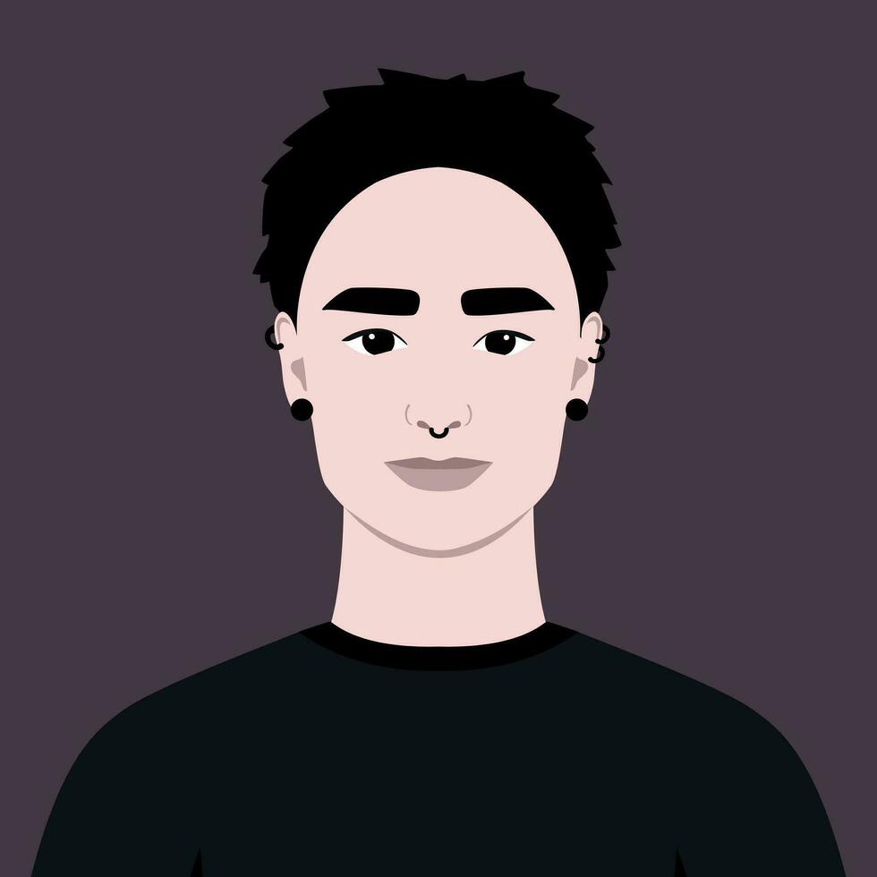 Young informal man with hairstyle and piercing. Full face abstract male avatar in flat style vector