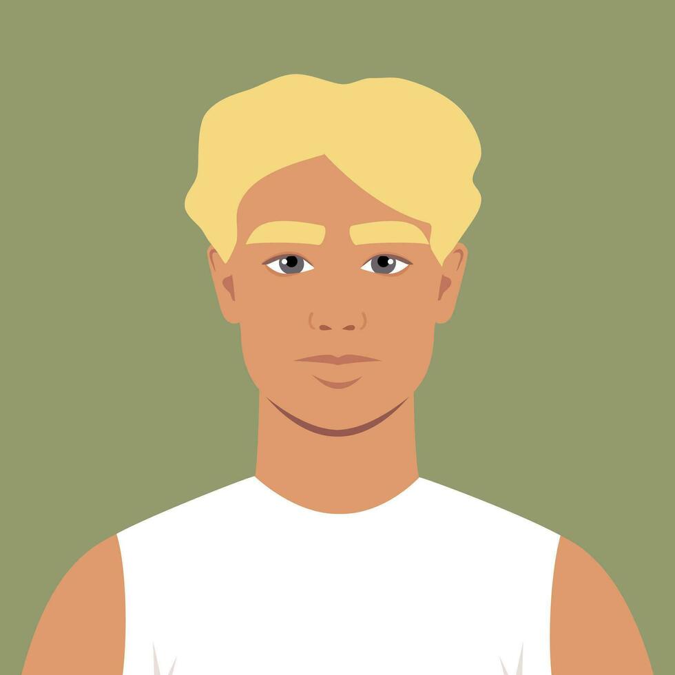 Young man with curly blonde hair in a white shirt. Portrait of an abstract guy. Full face abstract male avatar in flat style vector