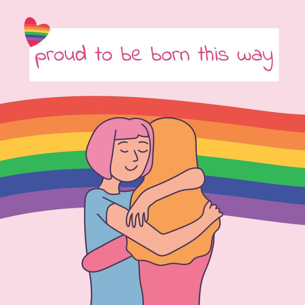 Two girls are hugging on rainbow flag background. Celebration LGBT Pride month concept vector