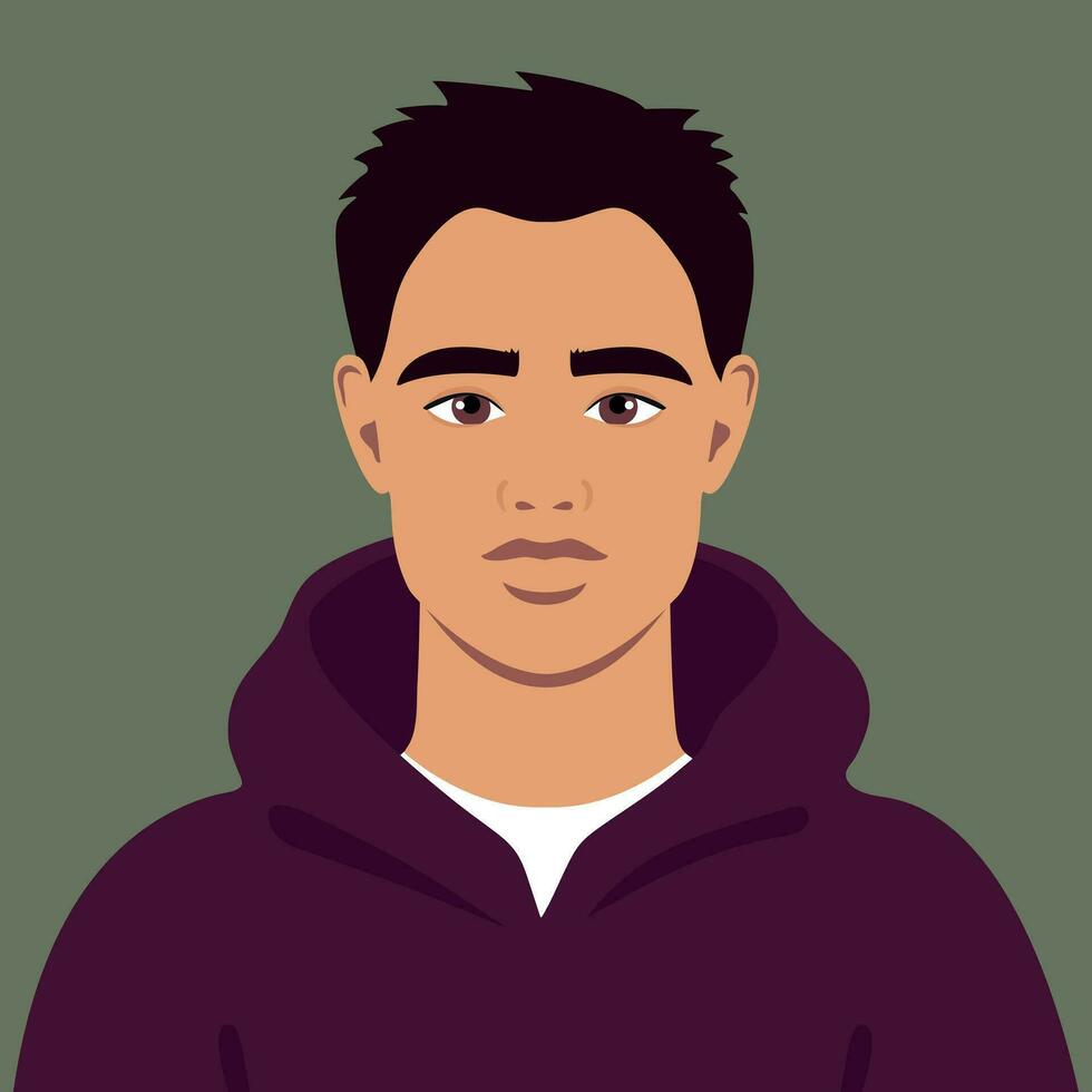 Young man with short black hair in a purple hoodie. Portrait of an abstract guy. Full face abstract male avatar in flat style vector