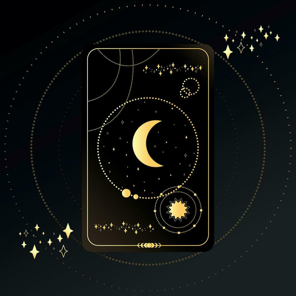 Gold Tarot card with a crescent on a black background with stars. Tarot symbolism. Mystery, astrology, esoteric vector