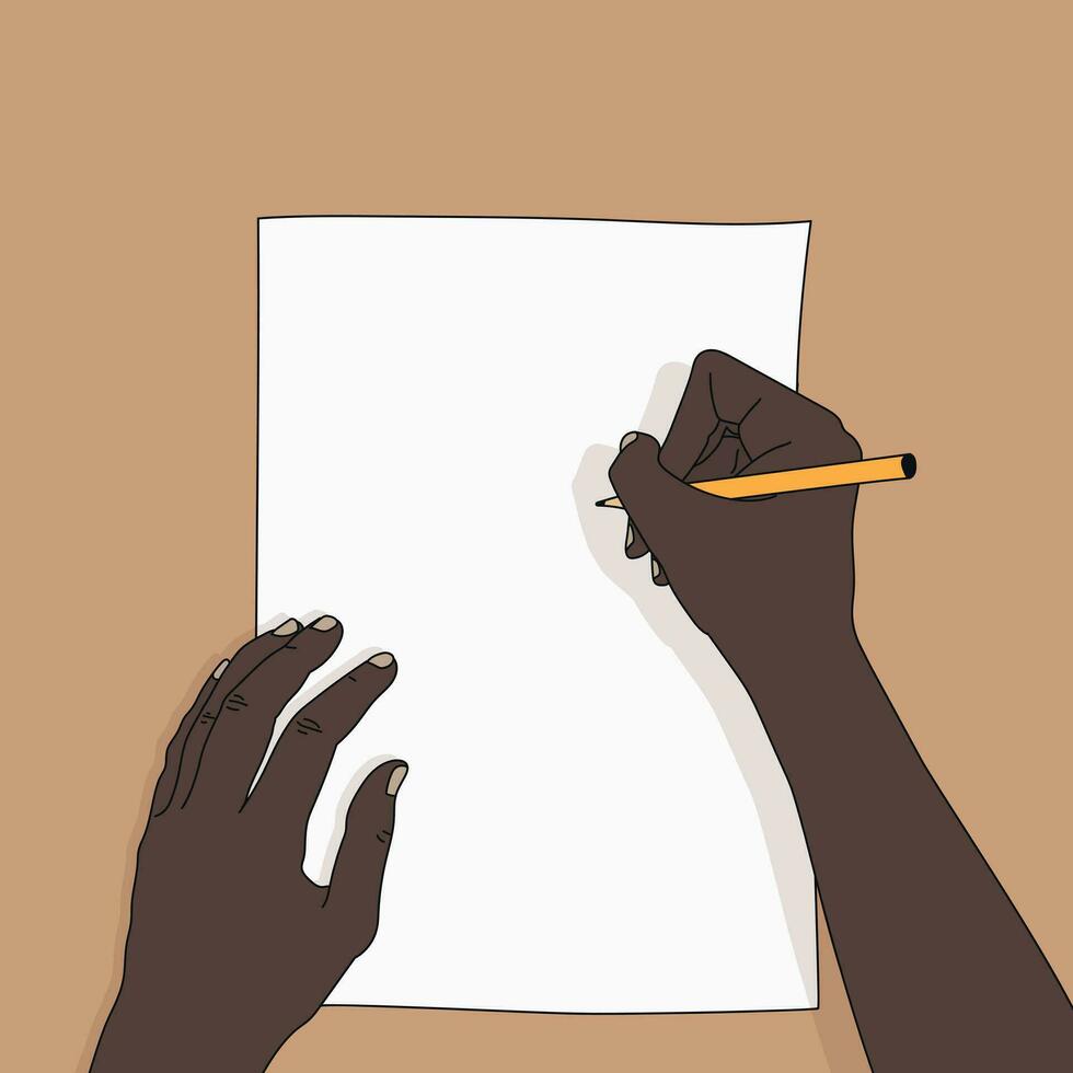 Drawing hand with a pencil and a white sheet of paper. Pencil in a right hand. Artist at work. Vector illustration