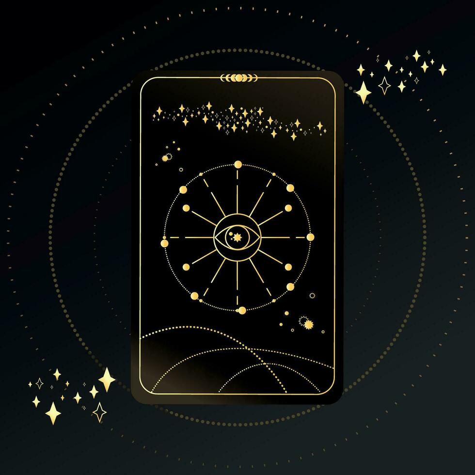 Gold Tarot card with a magical eye on a black background with stars. Tarot symbolism. Mystery, astrology, esoteric vector