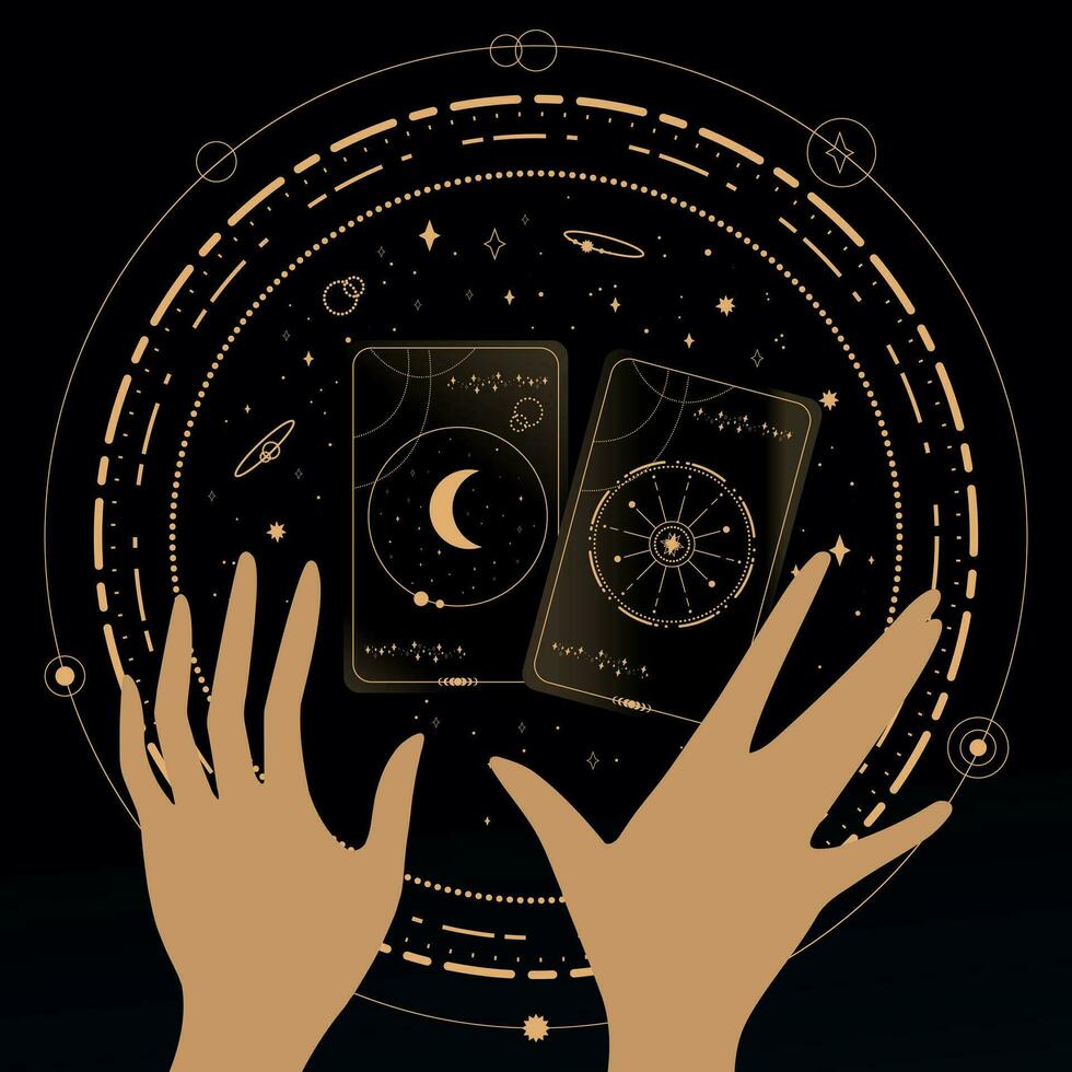 Adivinación tarot tarjetas en negro antecedentes. tarot simbolismo. misterio, astrología, esotérico vector