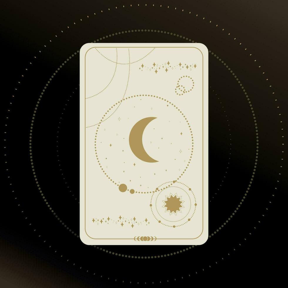 Gold and white Tarot card with a crescent on a black background with stars. Tarot symbolism. Mystery, astrology, esoteric vector