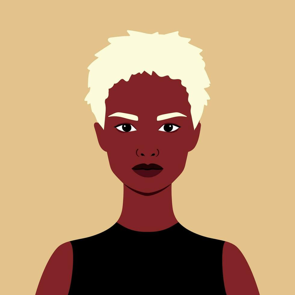 retrato de un hermosa africano mujer con corto rubia cabello. lleno cara retrato en plano estilo. avatar. femenino. diversidad vector