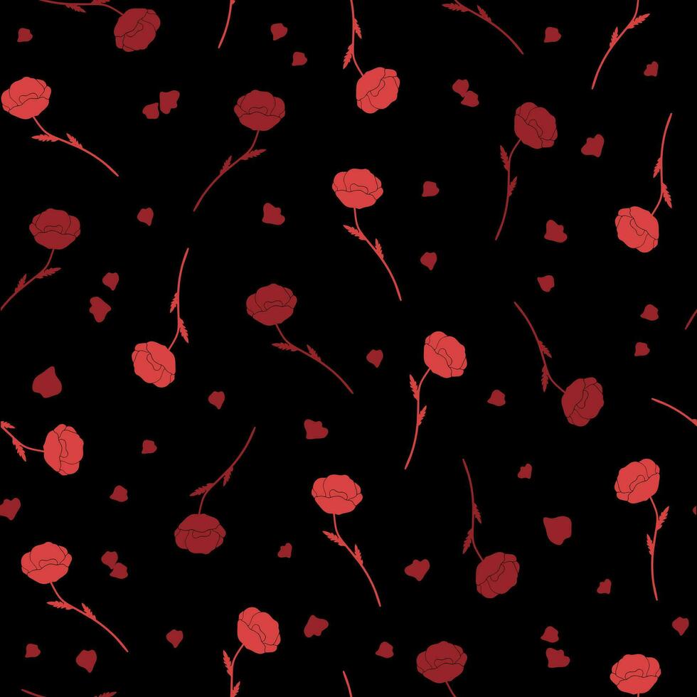 Red poppy flowers and petals seamless pattern on a black background. Vector illustration