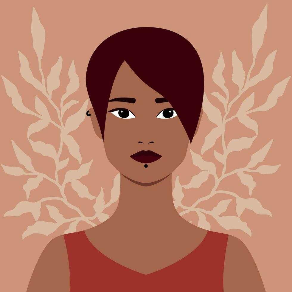 Portrait of an informal Latin girl with piercing on a botanical outline background. Avatar for social media. Abstract female portrait in flat style vector