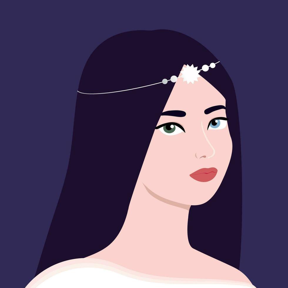 Portrait of a beautiful girl with different eye colors and silver diadem. Female with a tiara. Portrait of a royal. Vector illustration in flat style