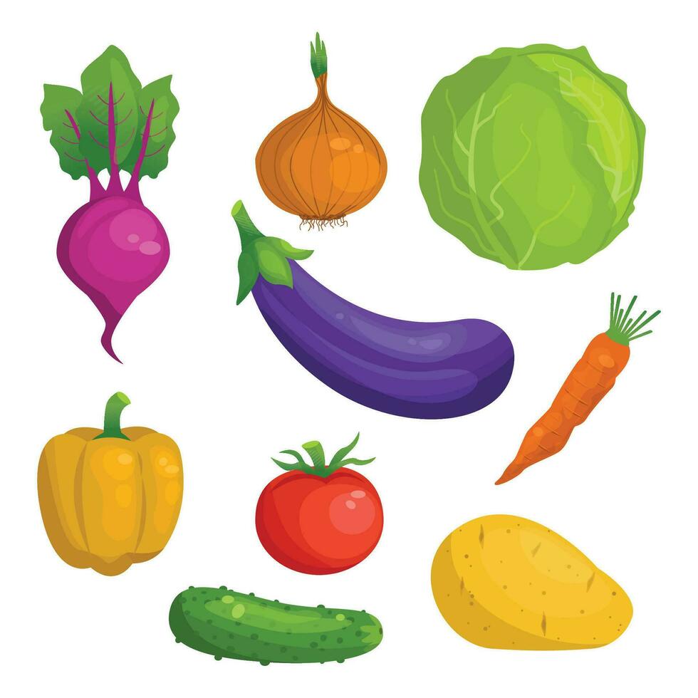 Cartoon vegetables. Cabbage, onion, pepper, beetroot, eggplant, tomato, cucumber, potato, carrot. Vector graphic.