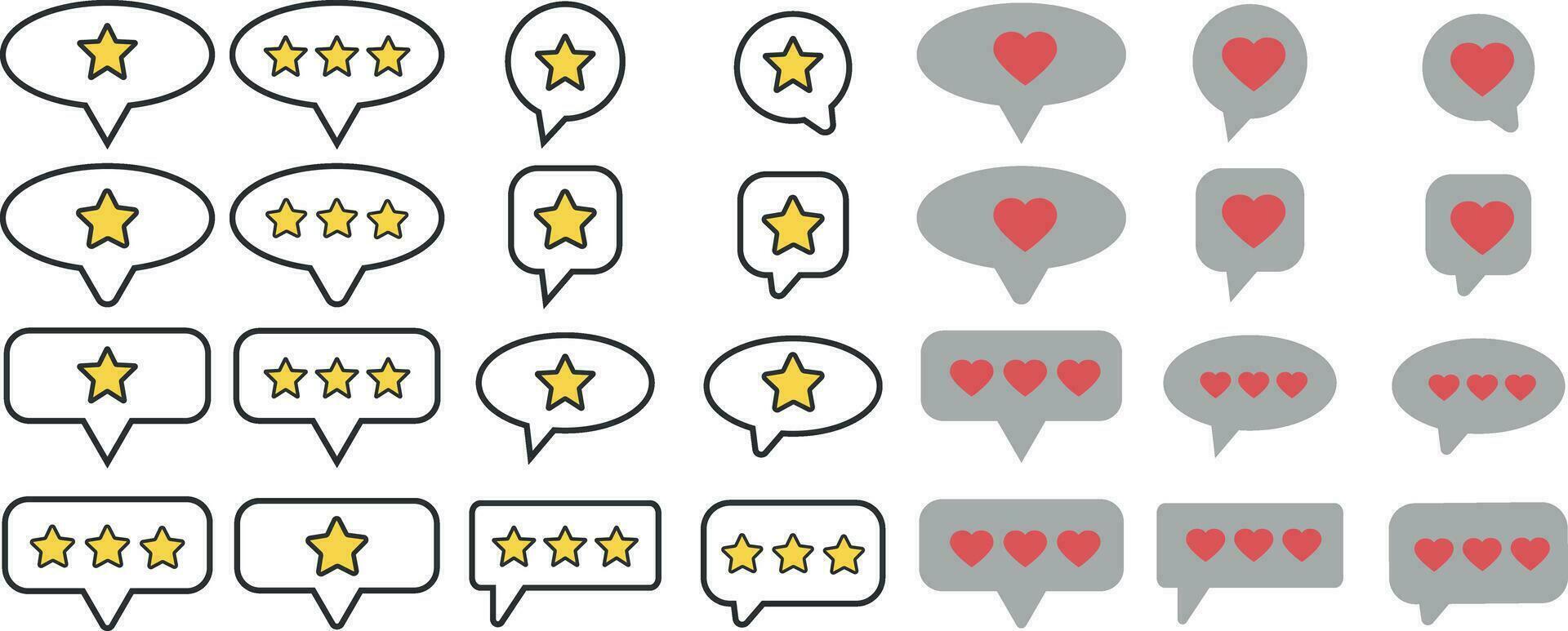 Set of colored customer review symbols. Feedback and communication, rating stars and like button hearts in different speech bubbles. Positive and negative comments and chat speech bubbles vector