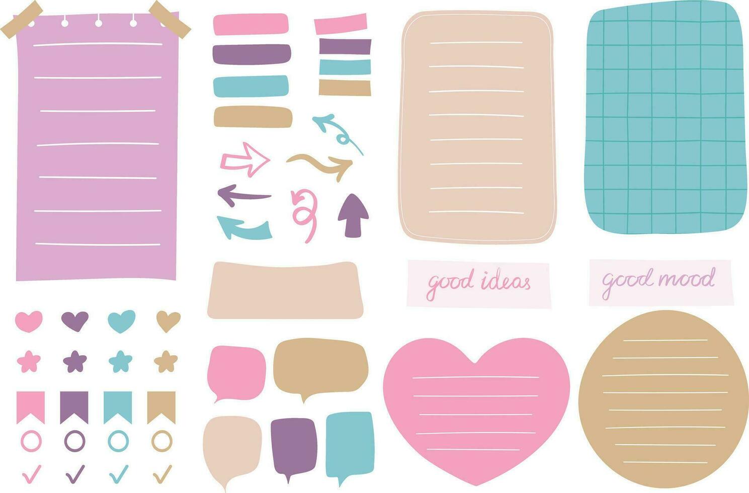 Collection of various colorful paper notes. Blank cartoon banners and sticky notes for to-do-list, memo message notepads paper sheets and planner. Stickers, bookmarks and assorted elements vector