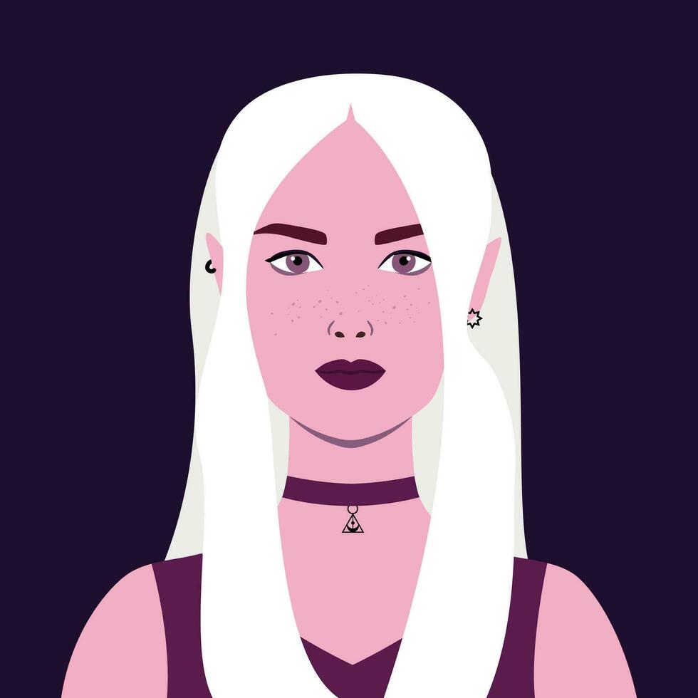 Portrait of a beautiful elf woman with blonde hair and piercing. Fantasy female portrait in flat style vector