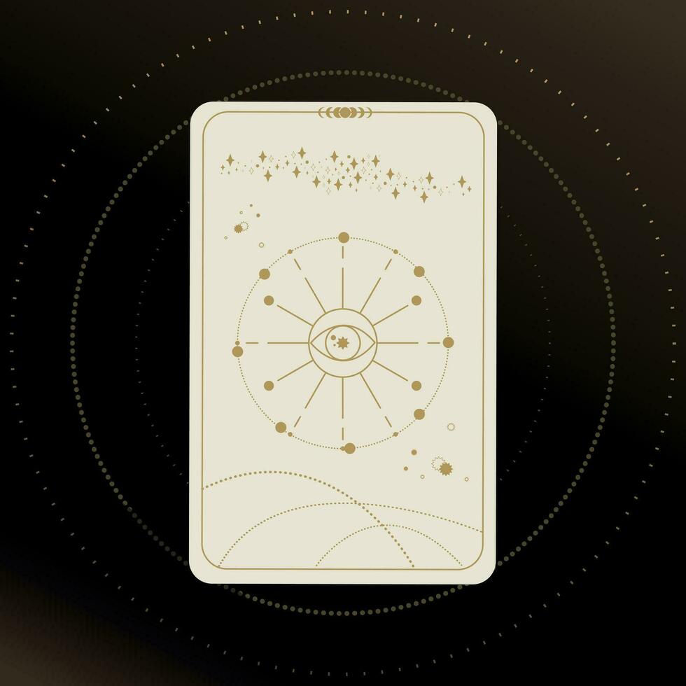 Gold and white Tarot card with a magical eye on a black background with stars. Tarot symbolism. Mystery, astrology, esoteric vector