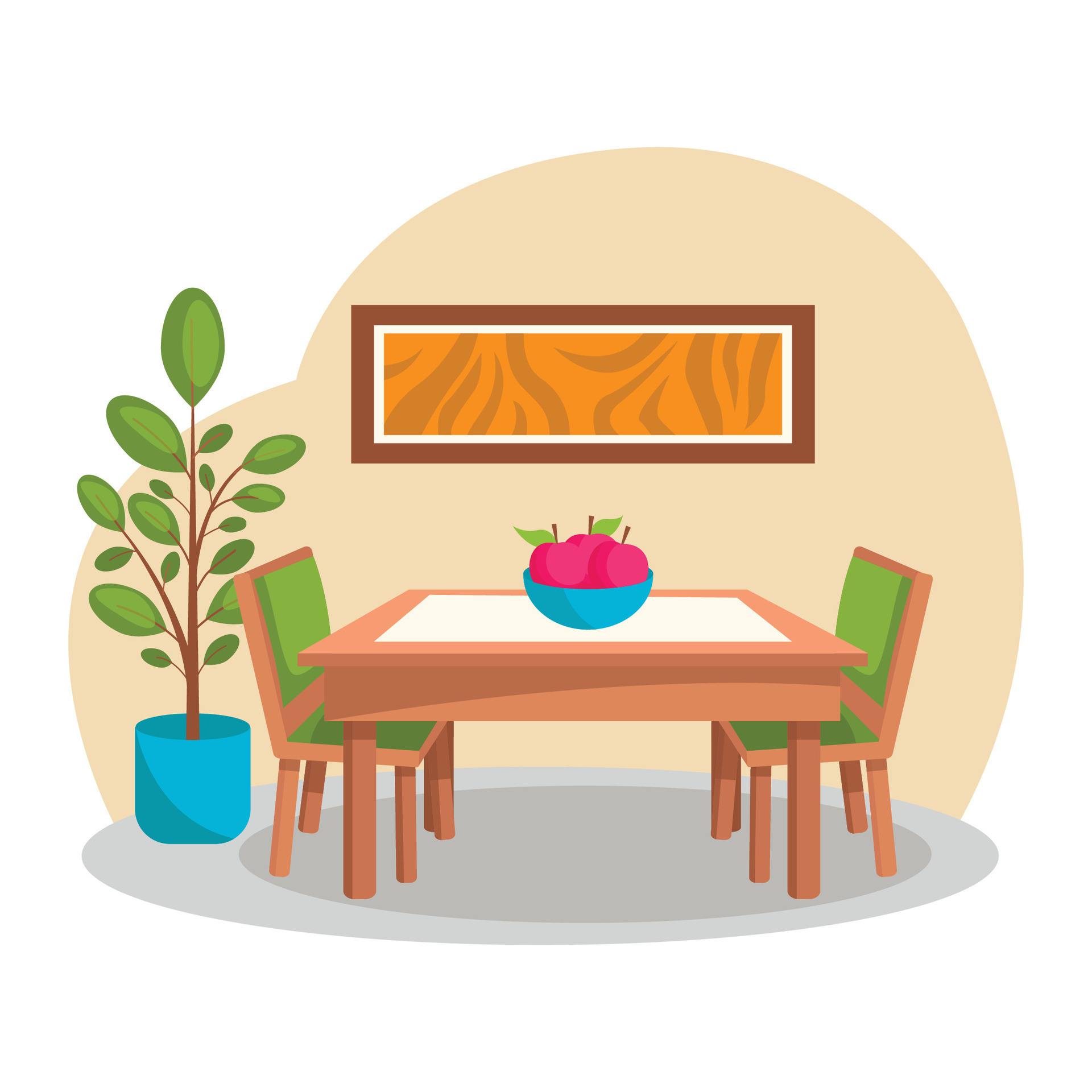 Kitchen interior. Dining room. Vector, no background. Dining table