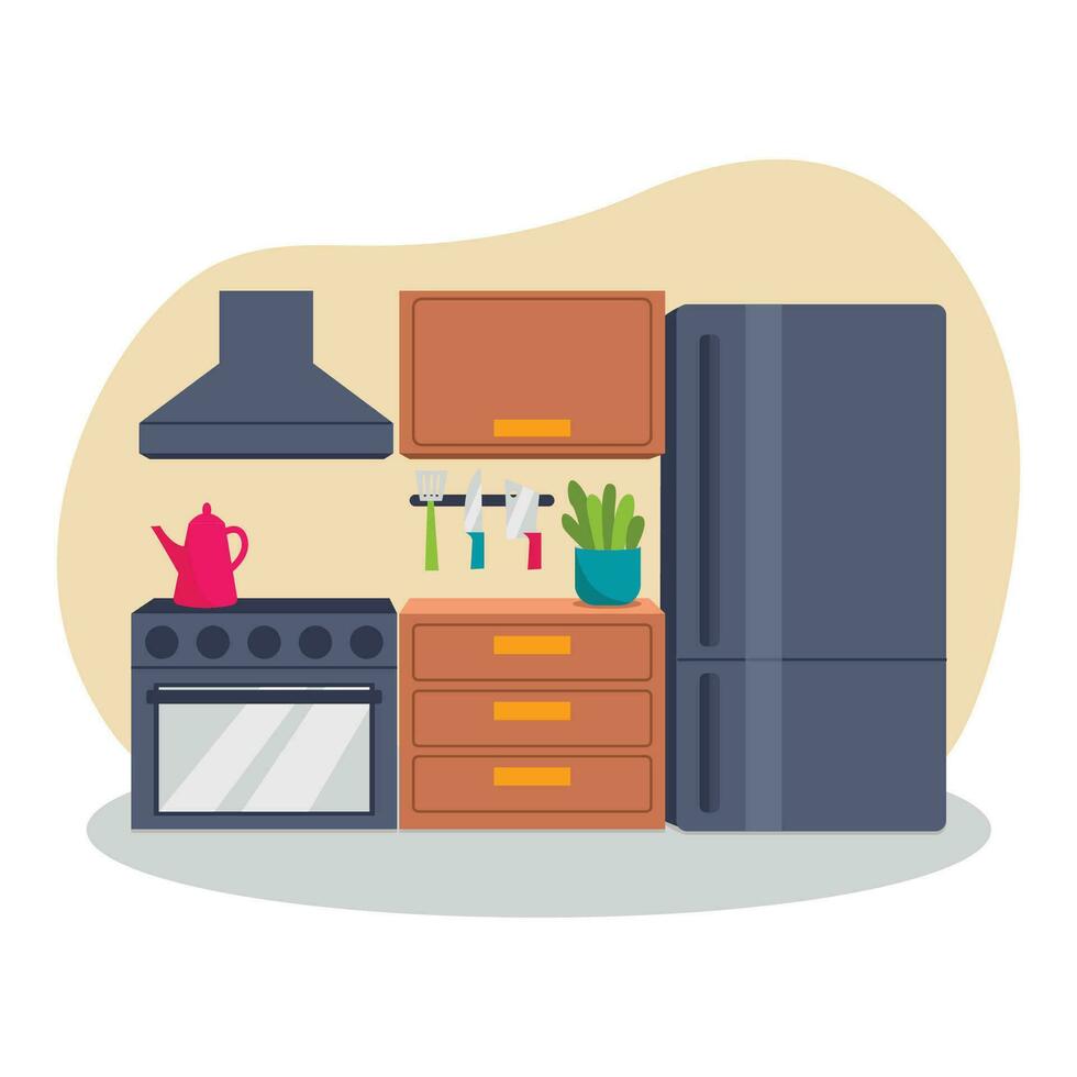 Kitchen interior. Vector, no background. Refrigerator, cabinets, stove, extractor hood. Vector graphic.