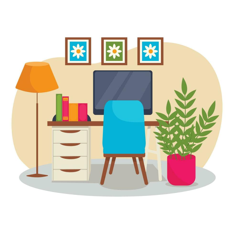 Office interior. Desktop, computer, chair, plant, lamp, books. Vector graphic.