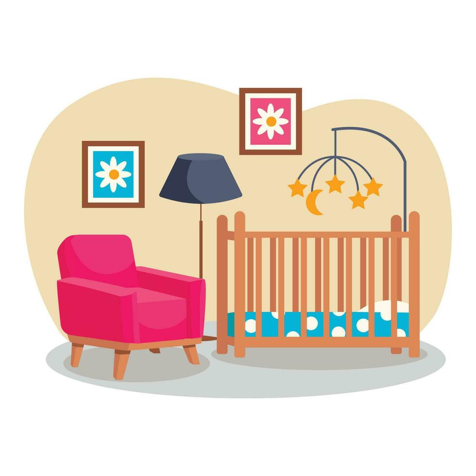 Bedroom interior. Children's room. Cradle, armchair, paintings, floor lamp, children's mobile. Vector graphic.