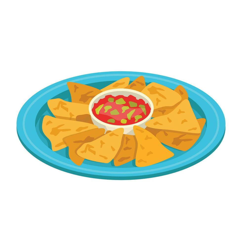 Nachos. Corn tortilla chips with various additives and sauce. Snack. Vector graphic.