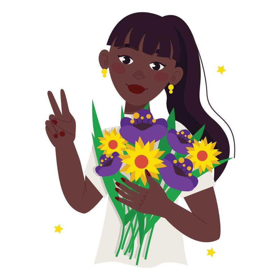 Beautiful black woman holds a bouquet of flowers in her hands. Brunette with bangs. Vector graphic.