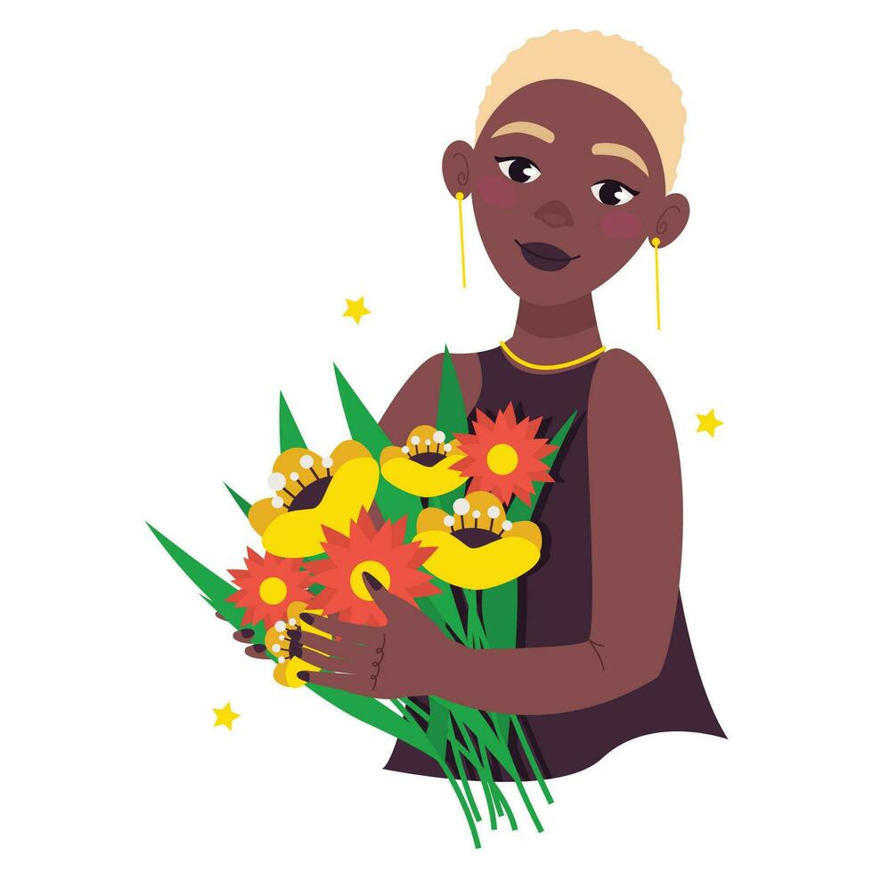 hermosa negro mujer sostiene un ramo de flores de flores en su manos. rubia con corto cabello. vector